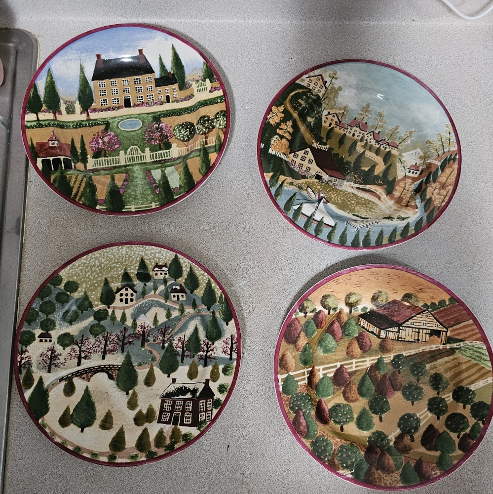 4 Vintage 1995 Block COUNTRY VILLAGE By GEAR Farmhouse pastoral scene Plates